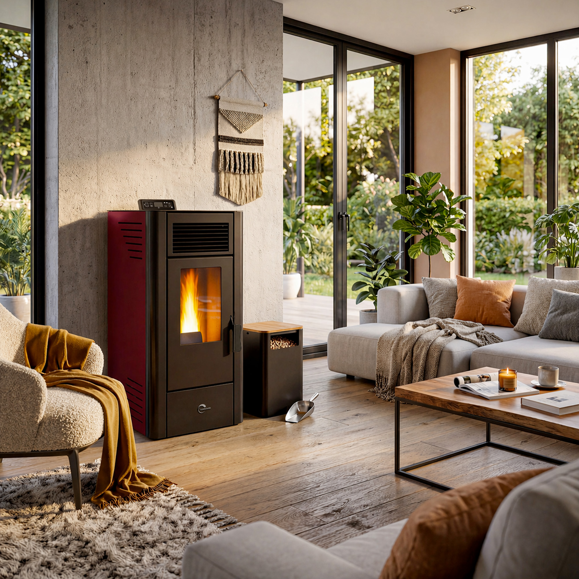 Gemütliches Wohnzimmer mit Kamin, hellen Sofas und großen Fenstern im Hintergrund.