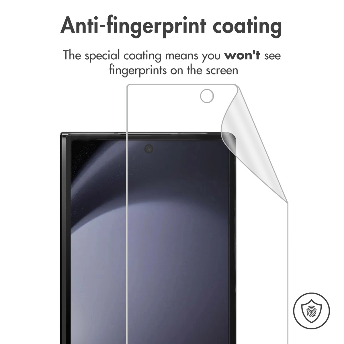 Een screenprotector wordt op een smartphone aangebracht, met tekst Anti-fingerprint coating.