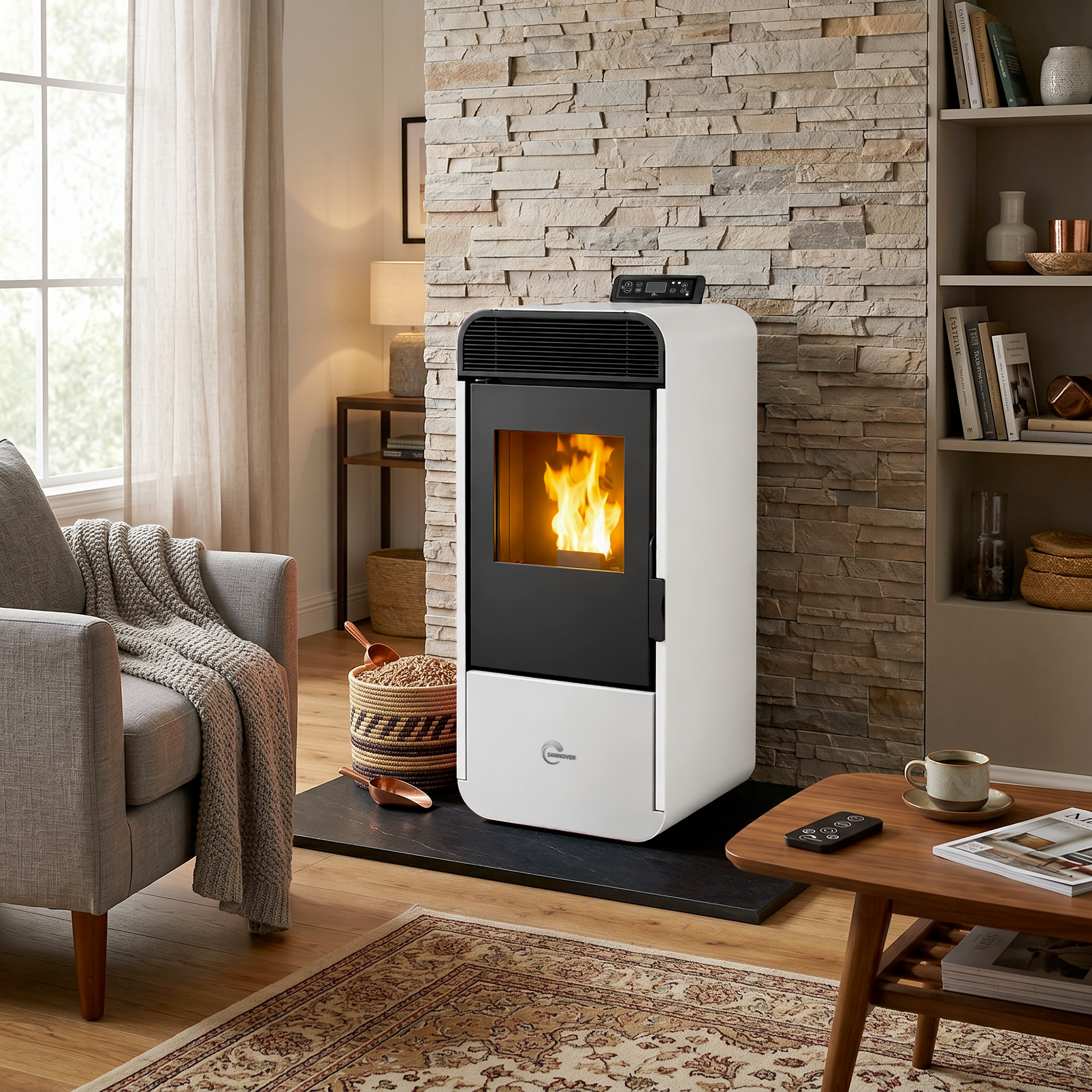 Una estufa de pellets moderna blanca y negra arde en una sala de estar acogedora con pared de piedra y sillón gris.