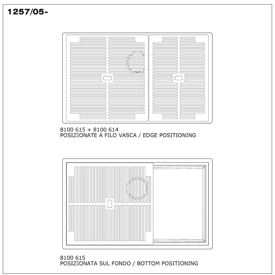 Disegno tecnico di accessori per lavello con posizionamento su bordo e fondo.
