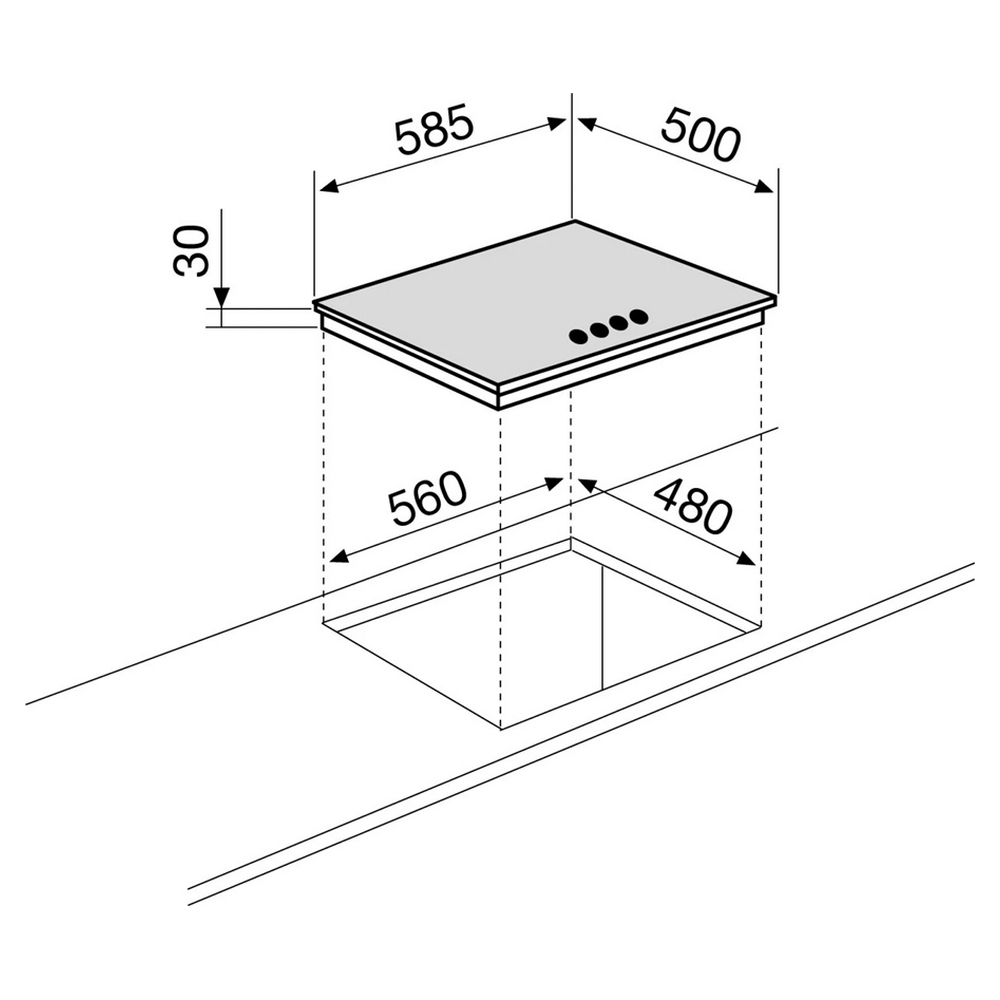 Dibujo técnico de una encimera con dimensiones para su instalación en una encimera.