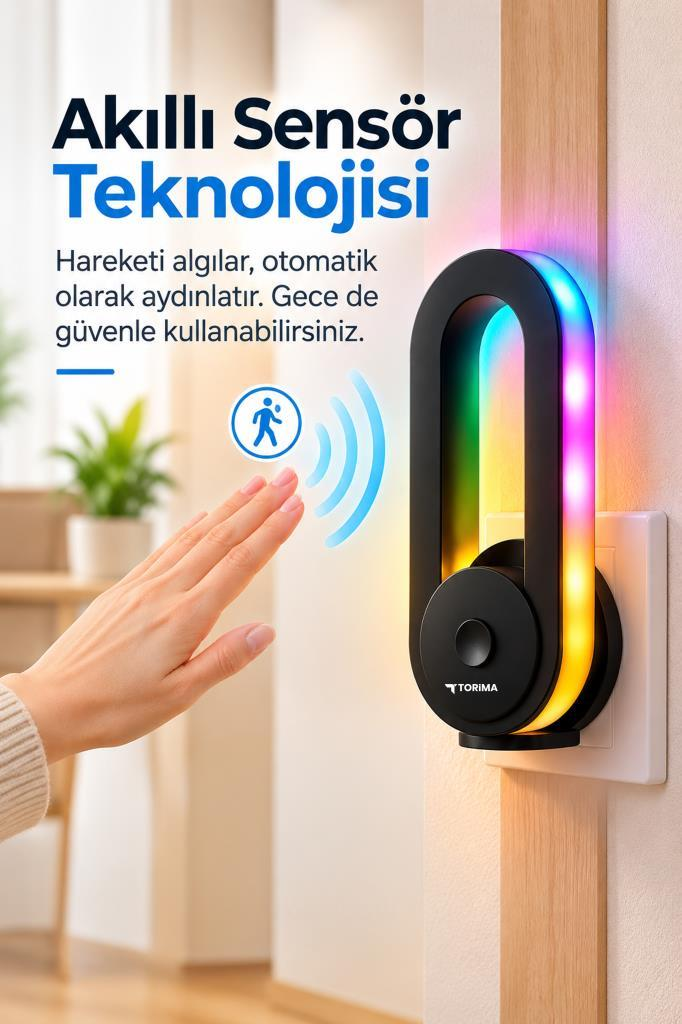Bir el, duvardaki renkli LED şeritli siyah gece lambasını etkinleştirir.