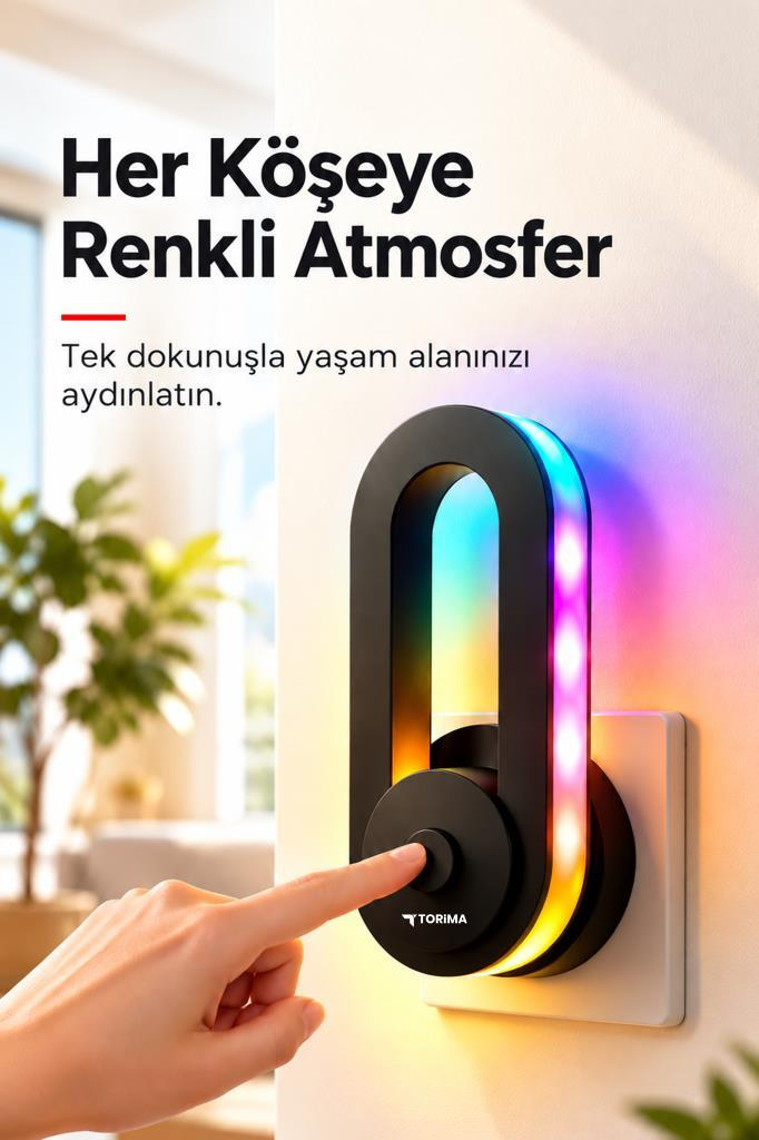 Bir el, gökkuşağı renklerinde parlayan siyah, oval bir LED duvar lambasını açıyor.
