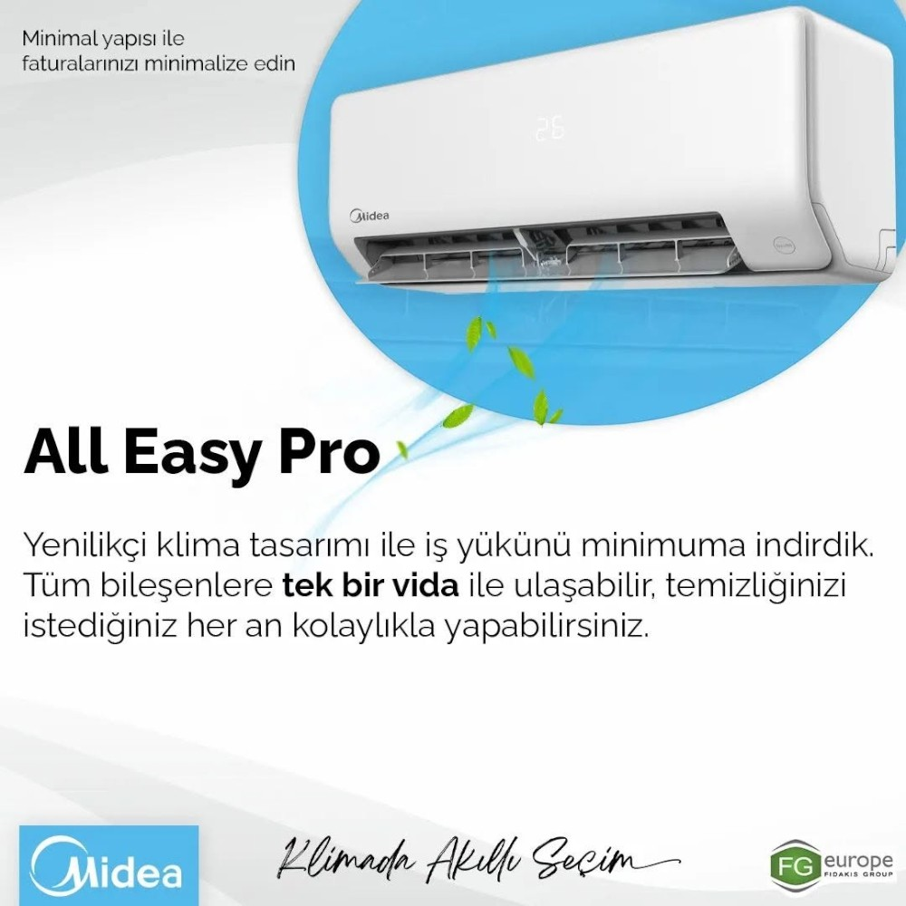 Mavi arka plan önünde yeşil yapraklı beyaz Midea All Easy Pro klima ve altında Türkçe tanıtım yazıları.