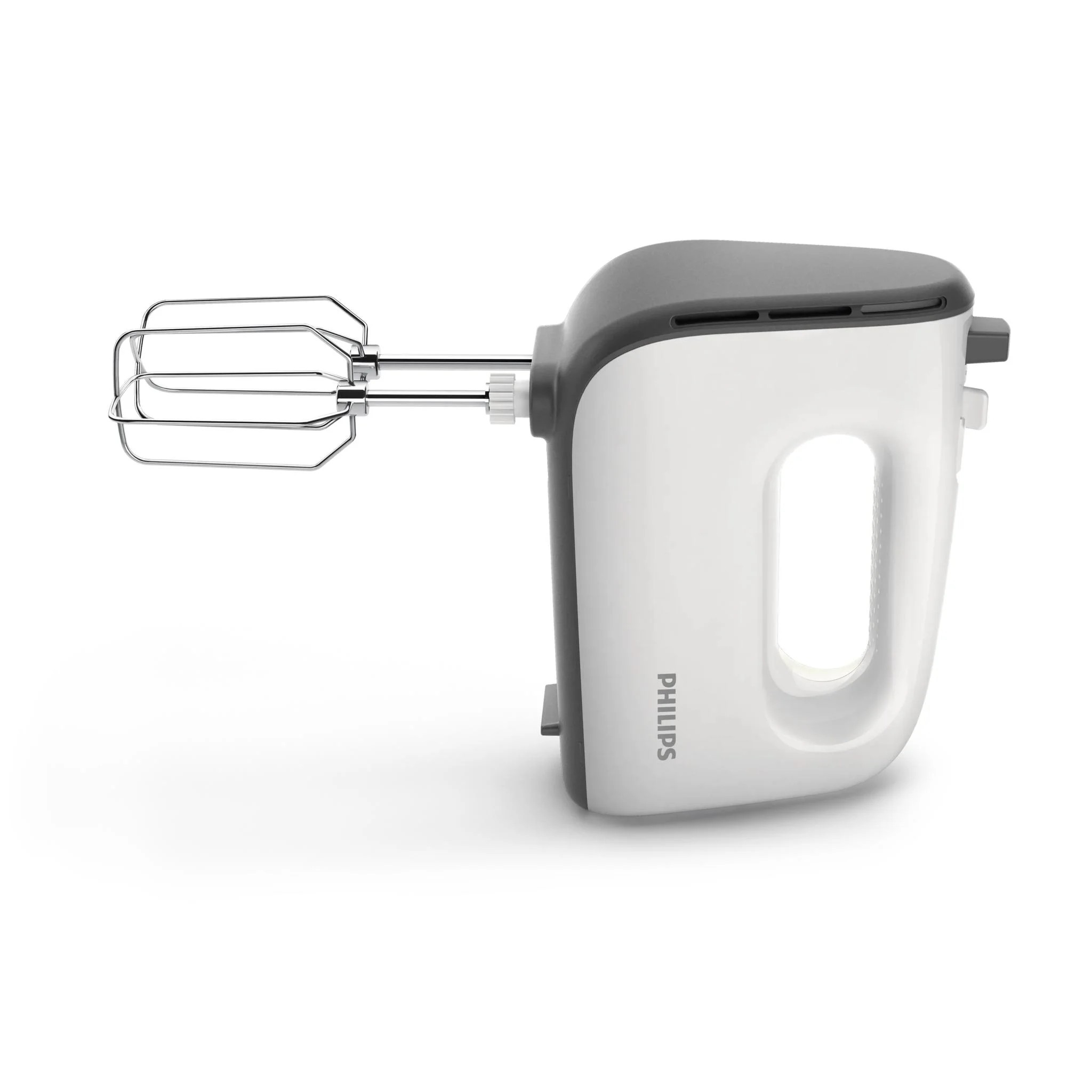 Egy fehér és szürke Philips kézi mixer két fém habverővel, fehér háttérben.