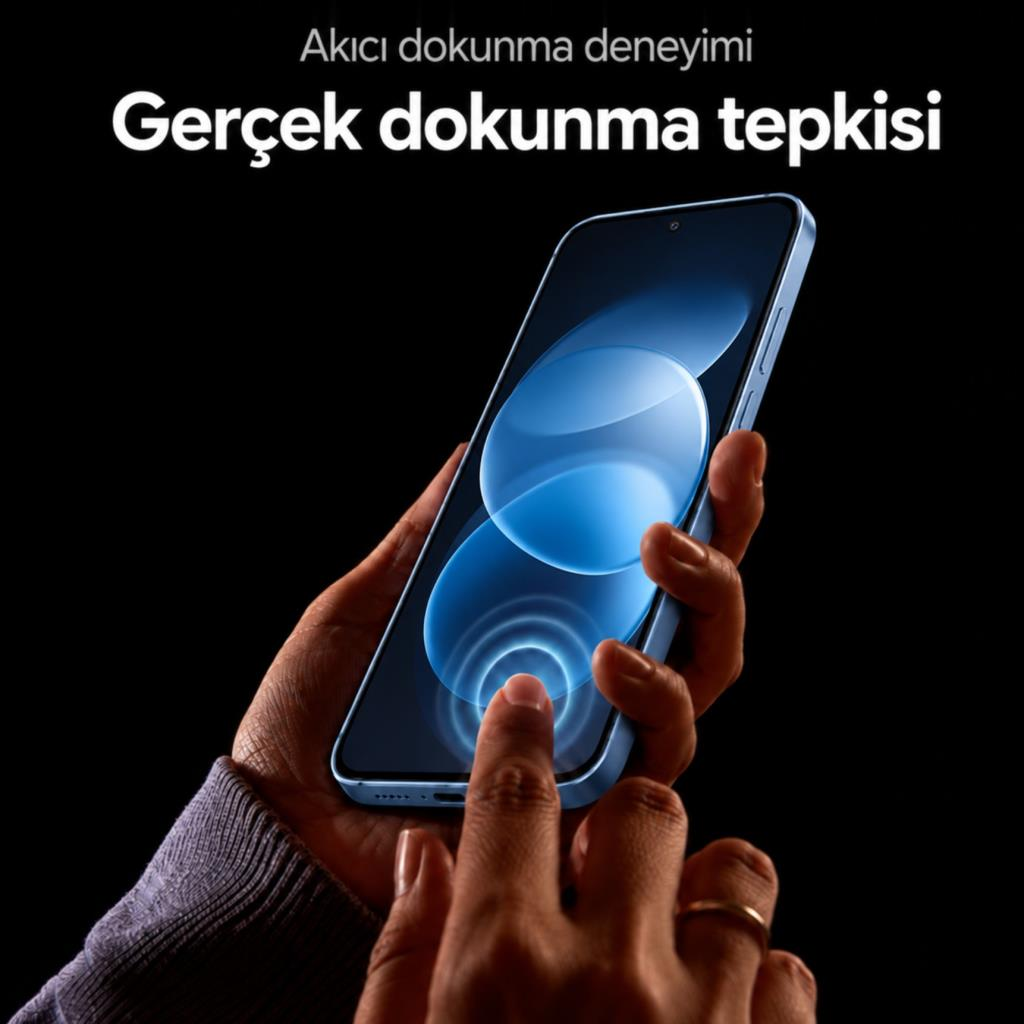 Bir el, mavi dalga grafikleri gösteren ekrana dokunarak mavi bir akıllı telefon tutuyor. Siyah arka plan.