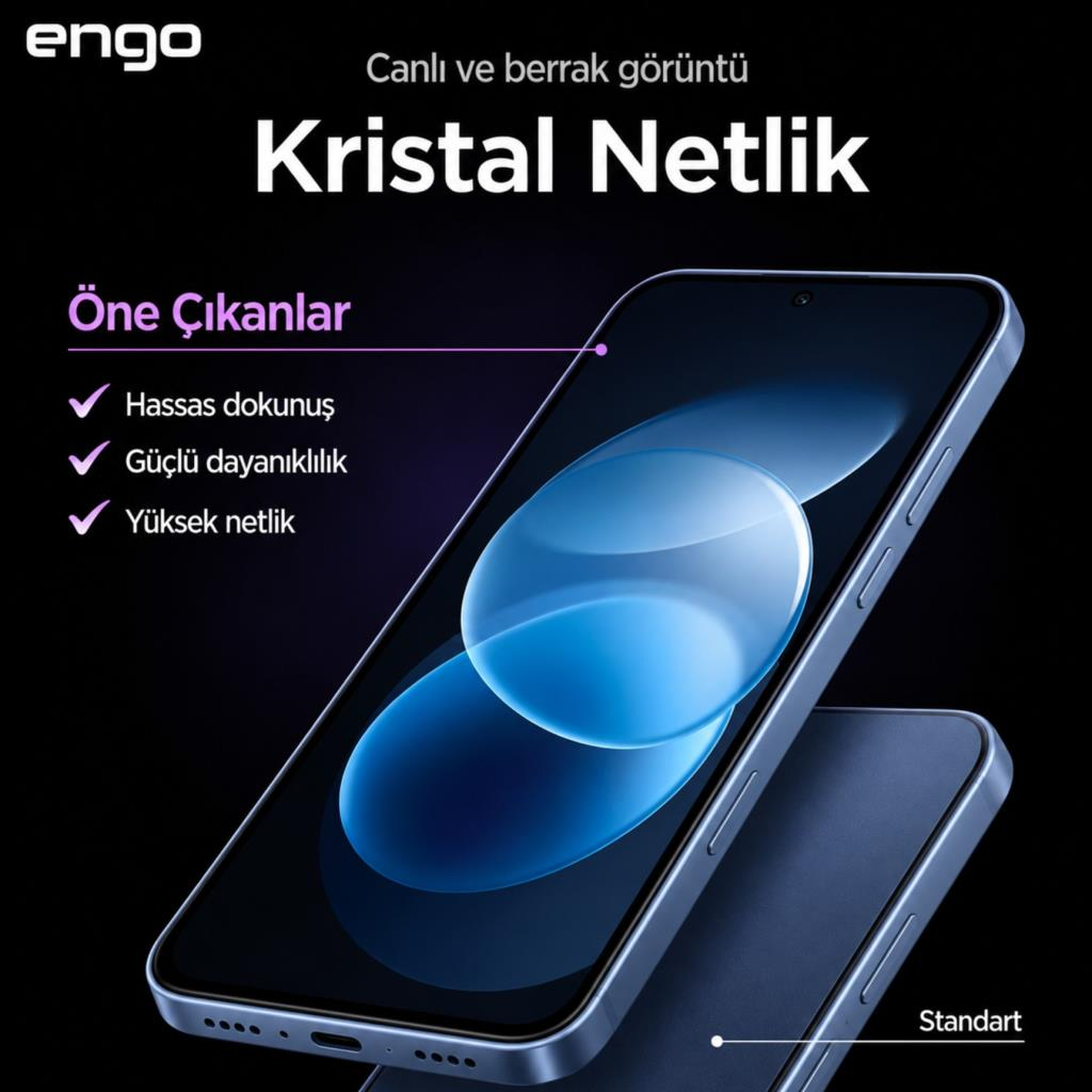 Kristal netlik ve dayanıklılık gibi özellikleri vurgulayan koyu mavi arka planda akıllı telefon tanıtım görseli.