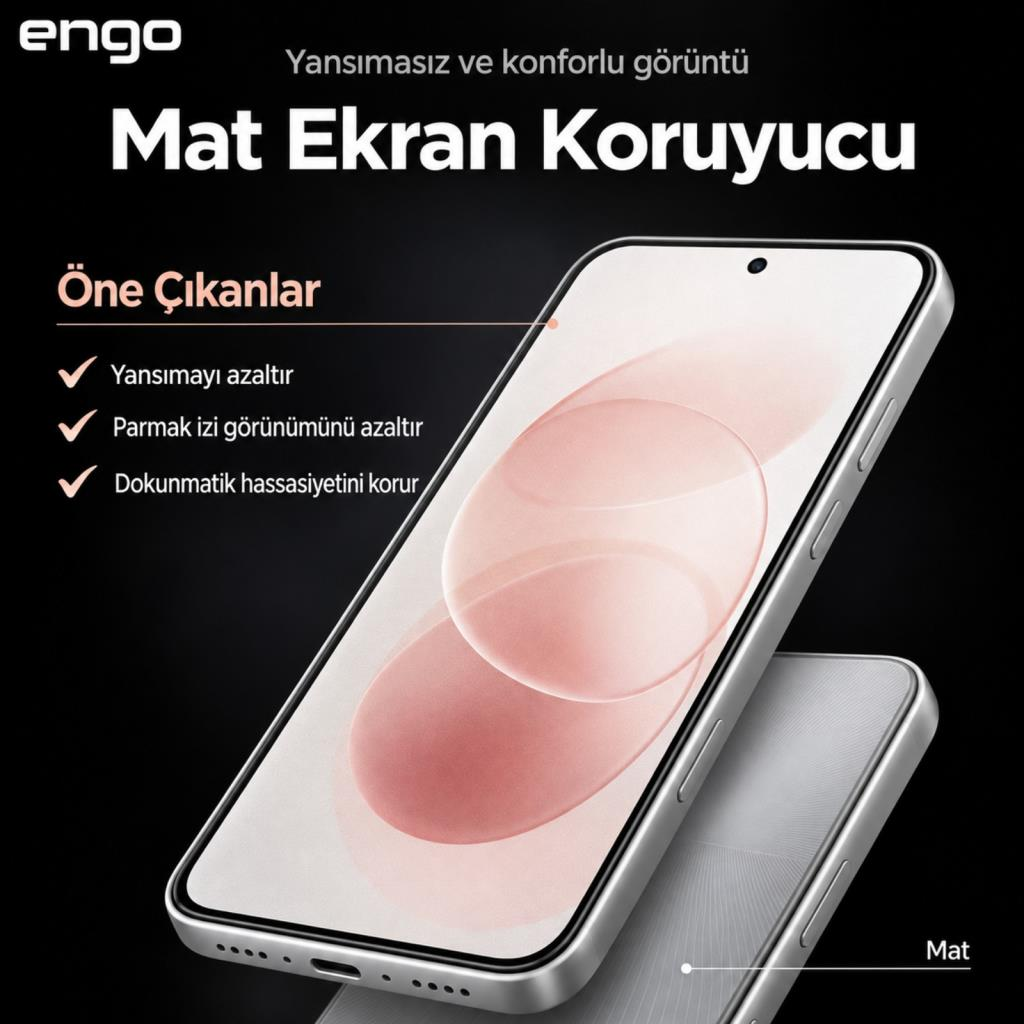 Akıllı telefonda yansıma önleyici ve dokunmatik hassasiyetini vurgulayan Engo mat ekran koruyucu reklamı.