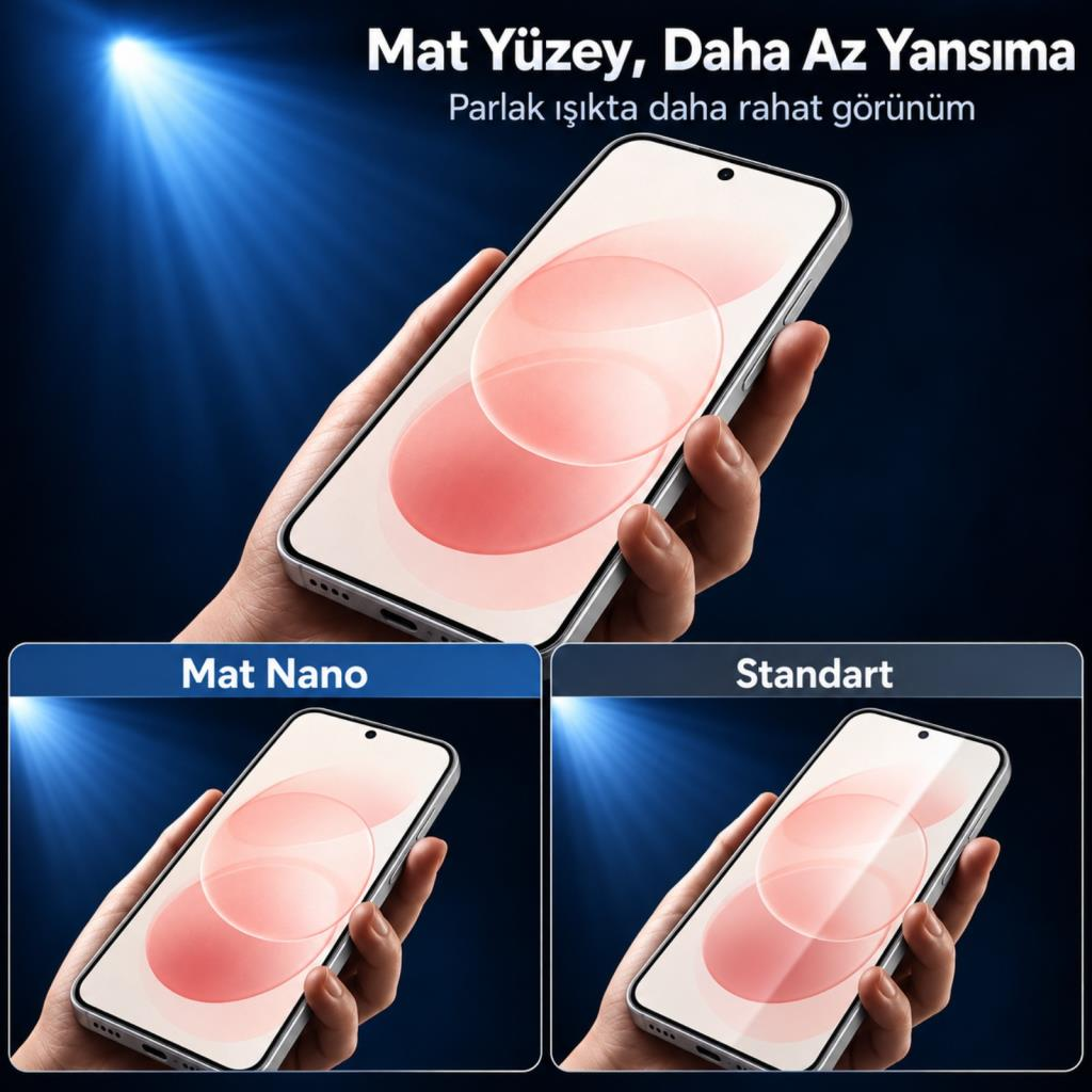 Parlak ışık altında mat nano ekran koruyucu ile standart ekran koruyucuyu karşılaştıran telefon.