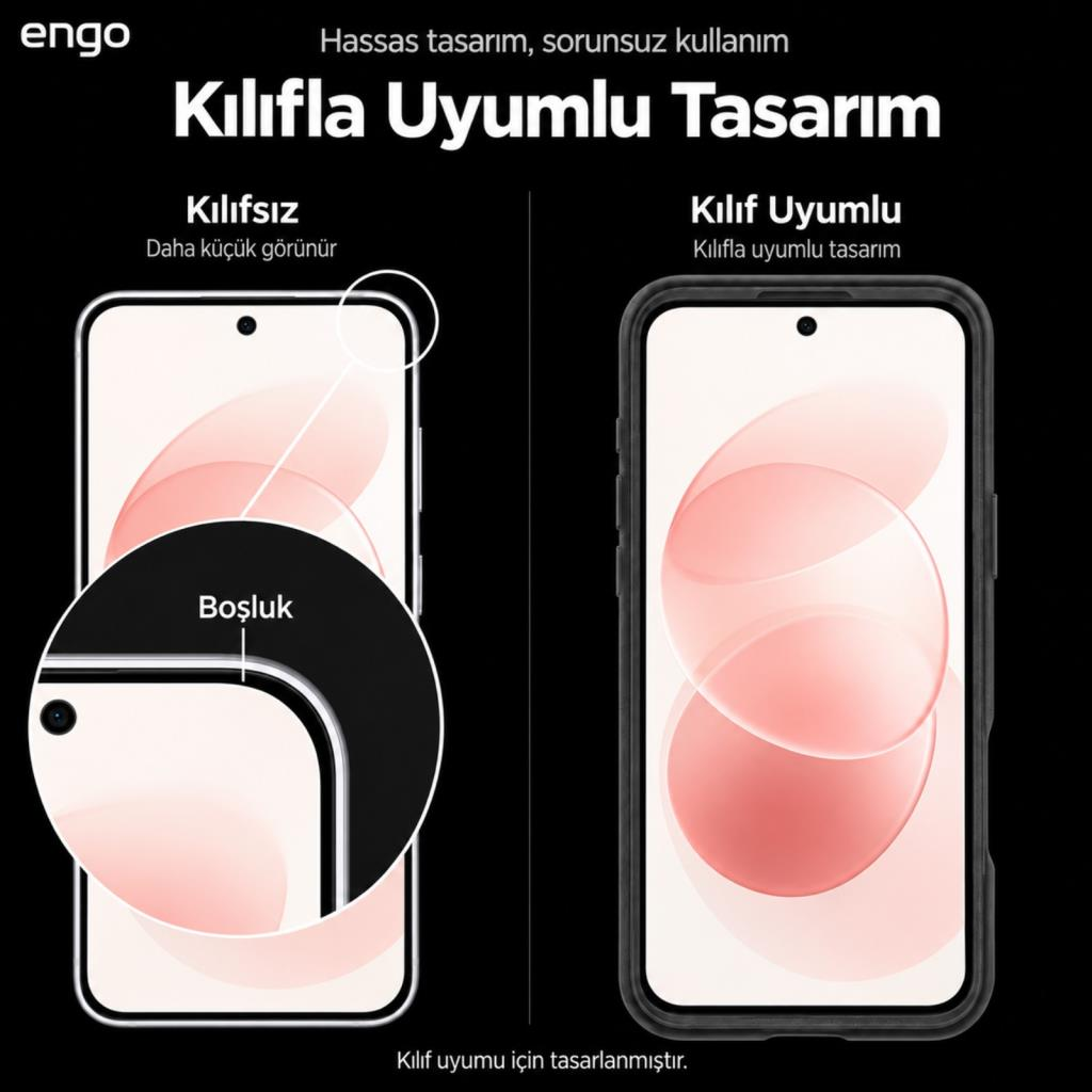 Kılıfsız boşluk bırakan ve kılıfla tam uyumlu olan akıllı telefon ekranının karşılaştırması.