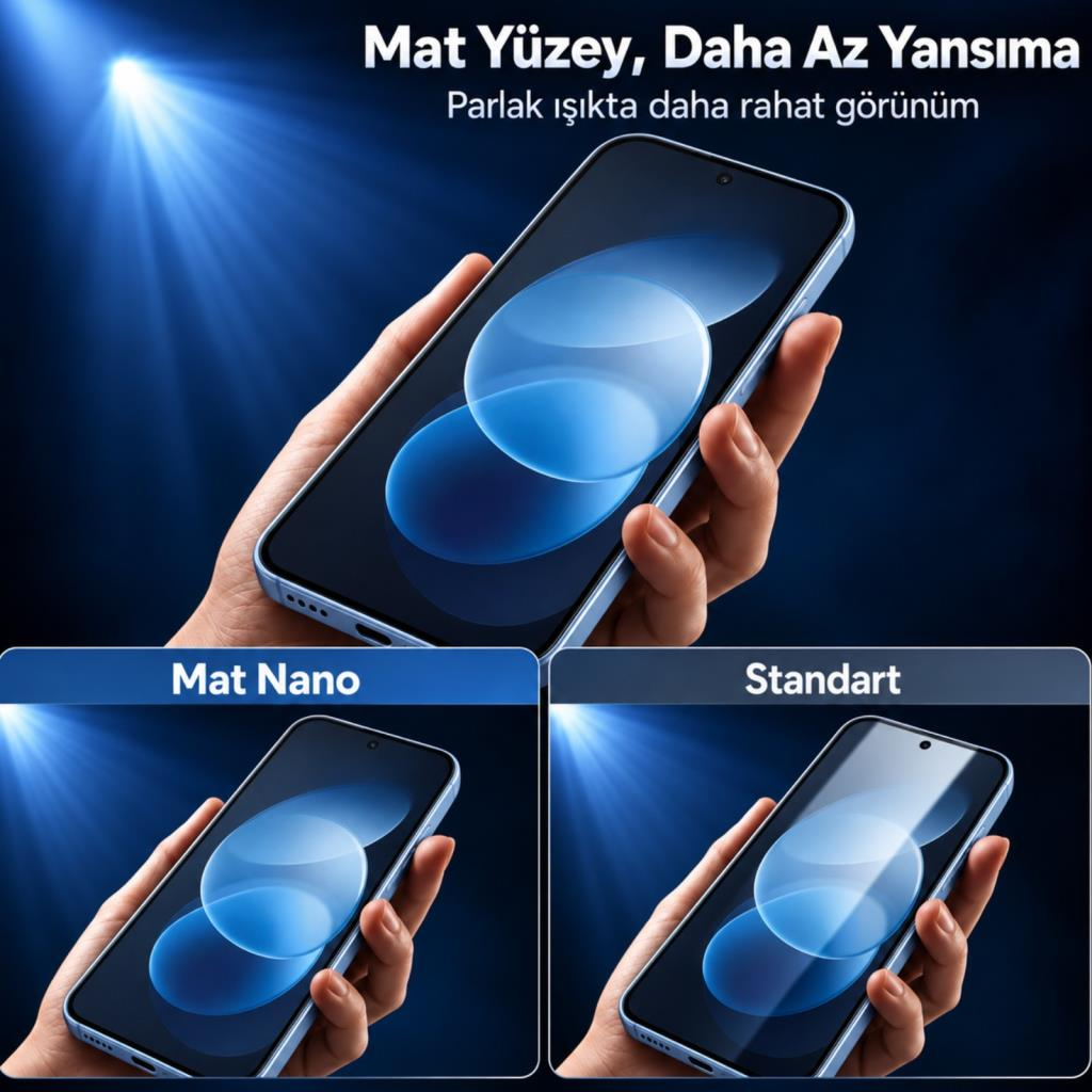 Bir el, standart cama kıyasla mat nano ekran koruyucunun daha az yansıma yaptığını gösteren bir akıllı telefon tutuyor.