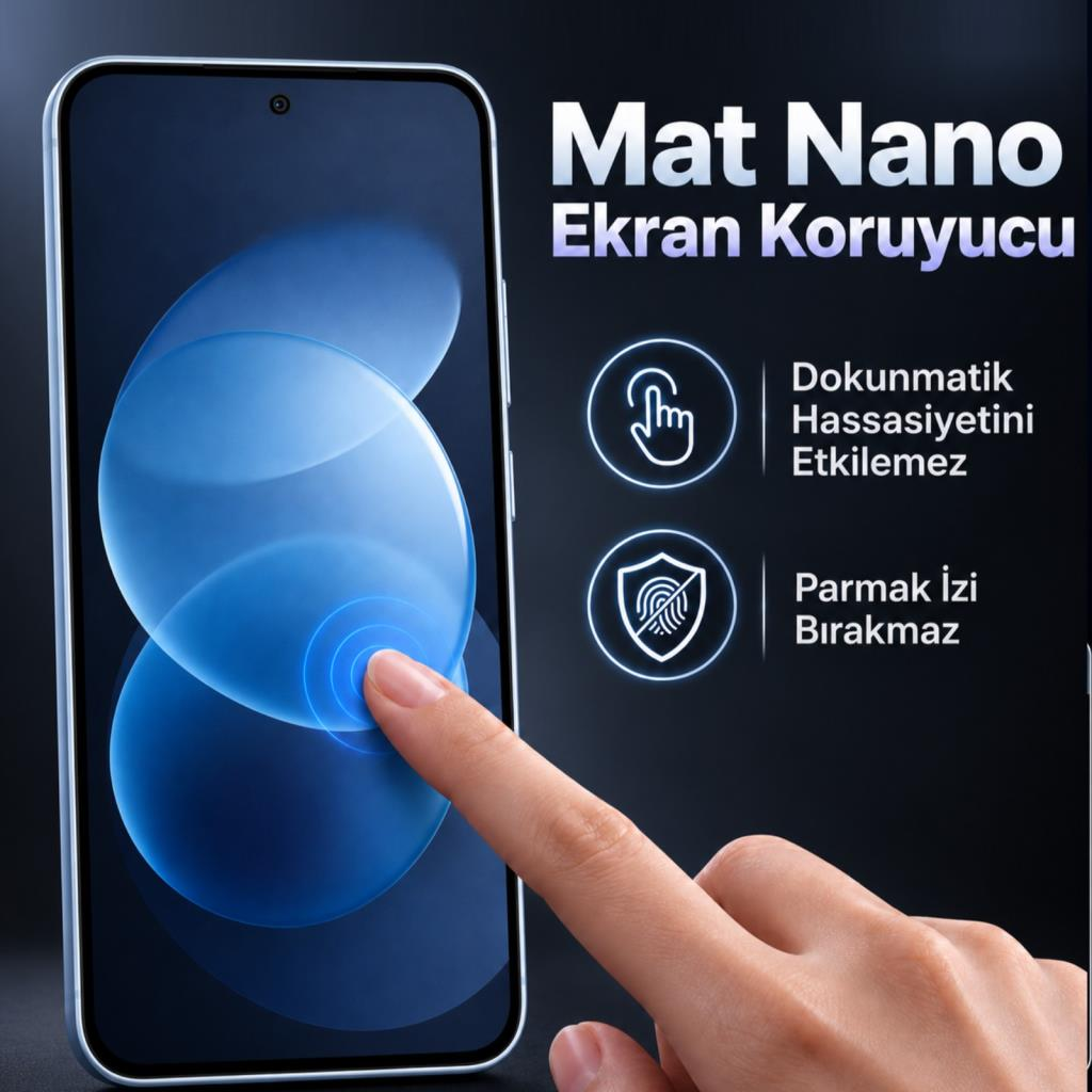 Mat ekran koruyucu yazısının yanında, mavi grafikli akıllı telefon ekranına dokunan bir parmak.