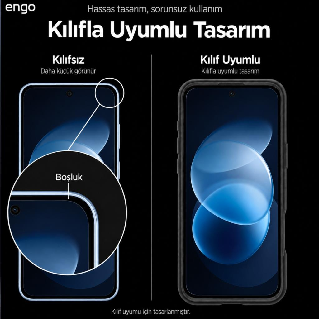Kılıflı ve kılıfsız ekran koruyucu karşılaştırması, kılıf uyumlu tasarımı gösteriyor.
