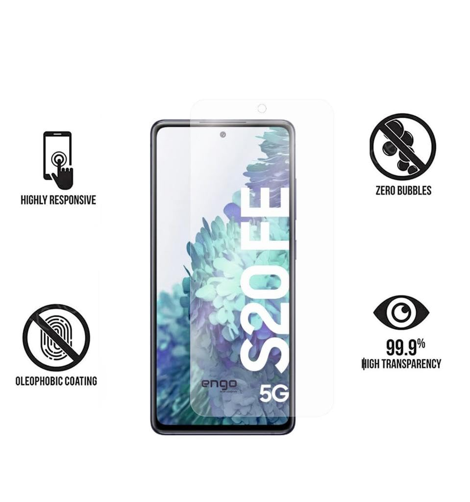 Ekran koruyuculu, dokunmatik simgeli, kabarcıksız, oleofobik kaplamalı ve şeffaflıklı Samsung Galaxy S20 FE.