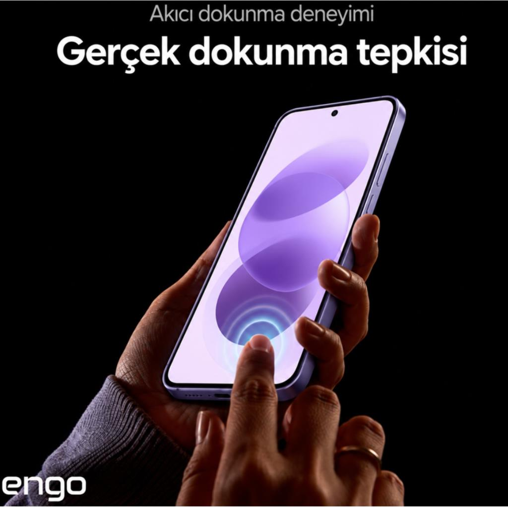 Bir el, mor arkaplanlı akıllı telefonu tutuyor ve ekrana dokunuyor, üstte Türkçe metin var.