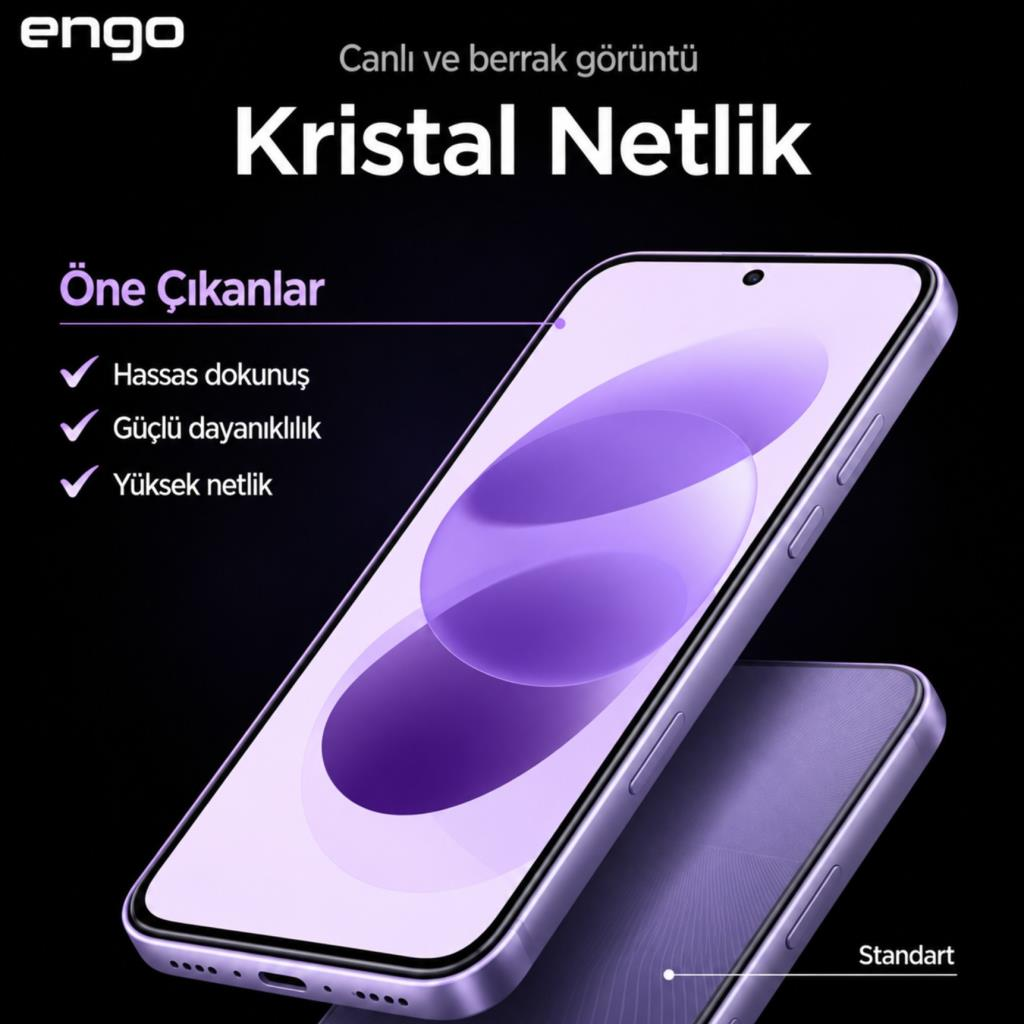 Siyah arka planda ekran koruyuculu mor akıllı telefon, ürün özelliklerini gösteriyor.