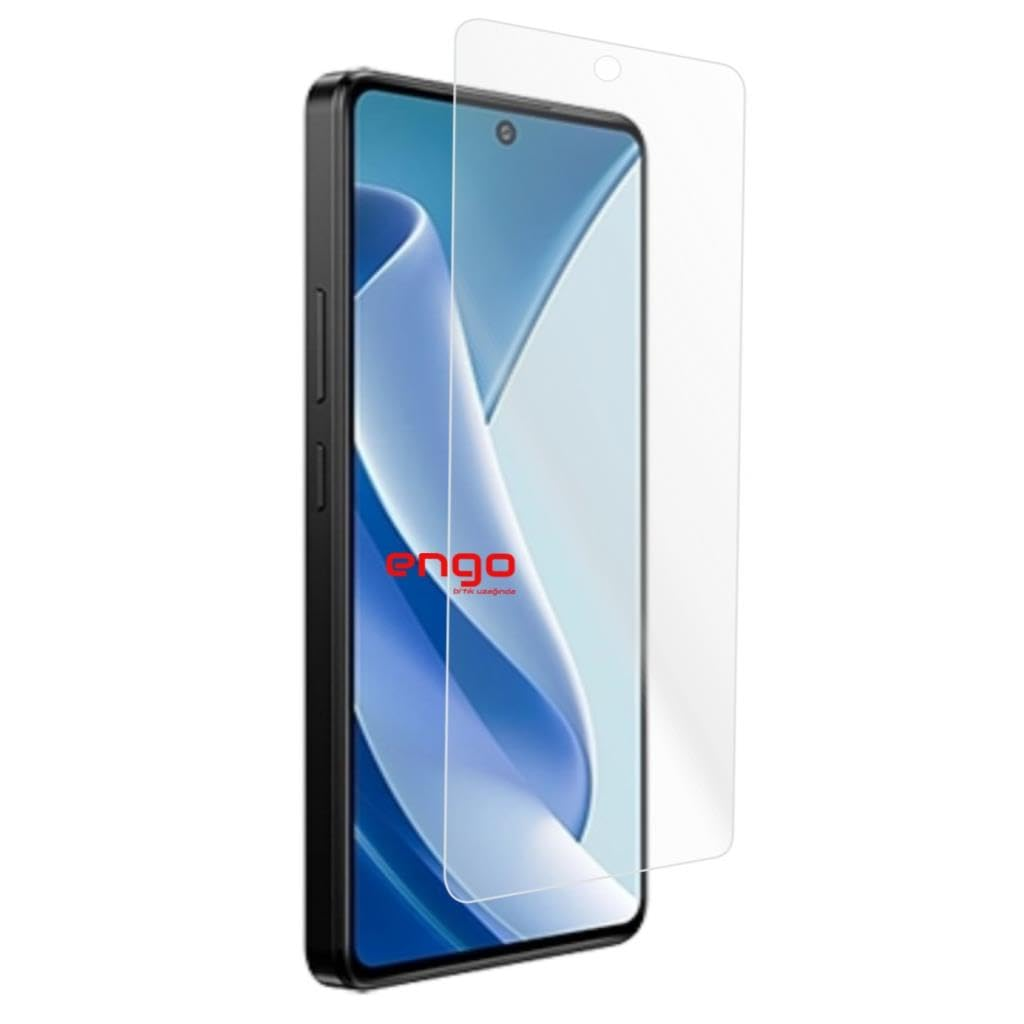 Bir akıllı telefon ve yanında süzülen şeffaf ekran koruyucu.
