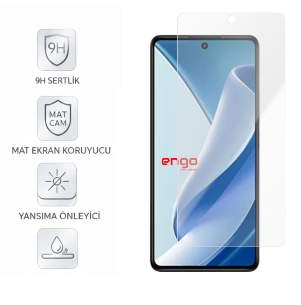 Şeffaf ekran koruyuculu akıllı telefon ve solda sertlik, mat cam, yansıma önleyici gösteren dört simge.