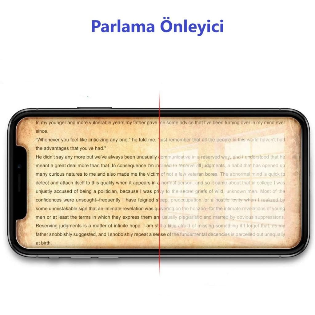 Bir akıllı telefon, parlama önlemeyi karşılaştıran dikey kırmızı bir çizgiye sahip metin gösteriyor.