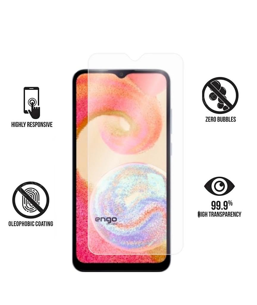 Ekran koruyuculu akıllı telefon, hassasiyet, kabarcıksız, oleofobik kaplama ve şeffaflık ikonlarıyla çevrili.