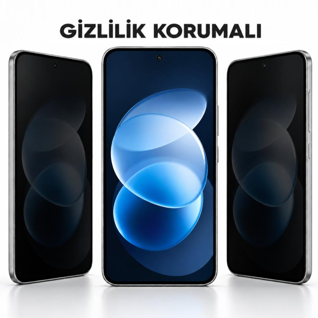 Üzerinde GIZLILIK KORUMALI yazısı olan koyu ekranlı üç akıllı telefon.