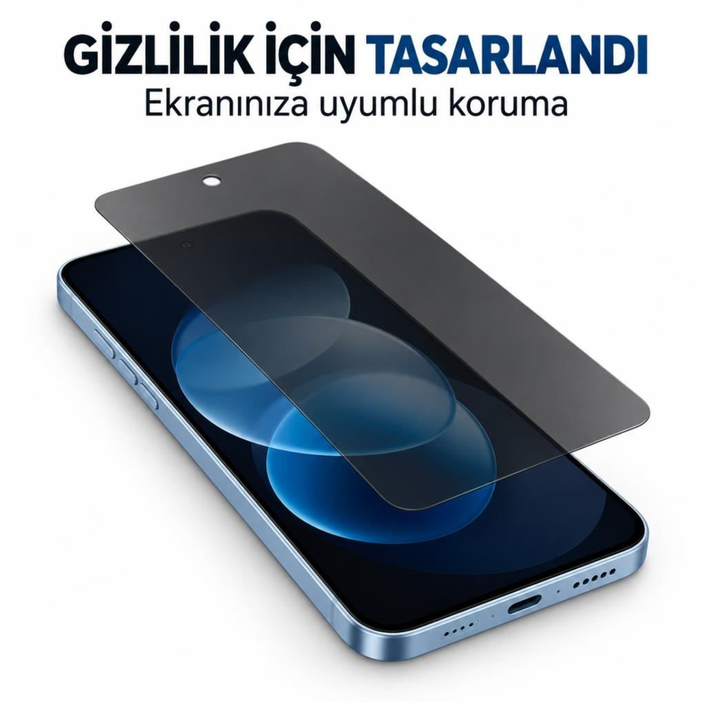 Gizlilik ekran koruyuculu akıllı telefon ve üstte Türkçe metin.