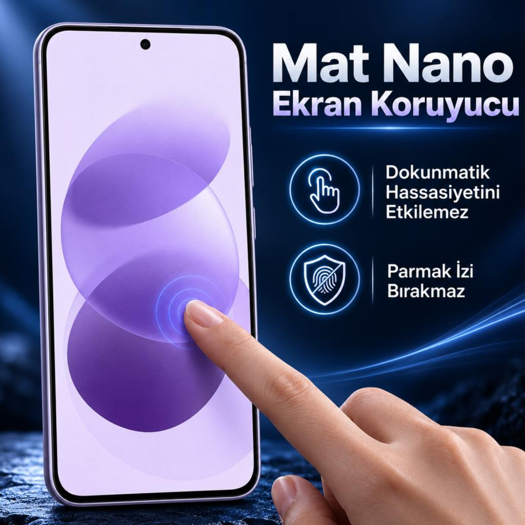 Bir parmak akıllı telefon ekranına dokunuyor; metin ve simgeler mat nano ekran koruyucuyu tanıtıyor.