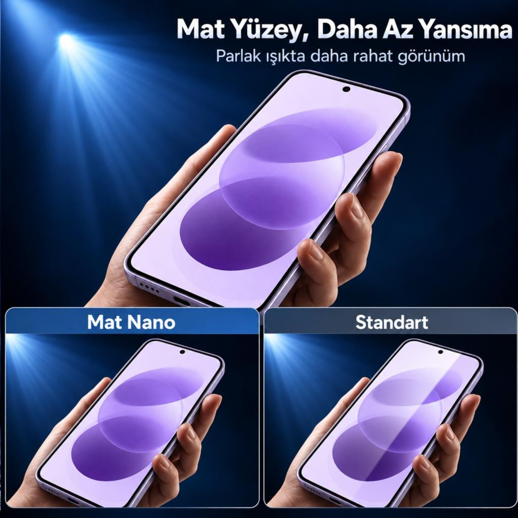 Mat ekran koruyucuyu standart ekranla karşılaştıran akıllı telefonu tutan el.