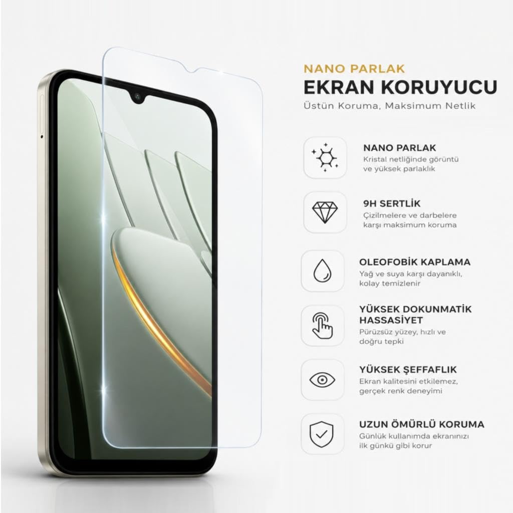 Şeffaf ekran koruyuculu akıllı telefon ve sağda listelenen özellikleri.