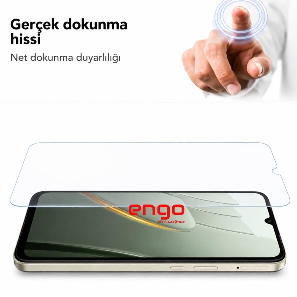 Üzerinde şeffaf ekran koruyucu olan bir telefon ve ekrana dokunan parmak.