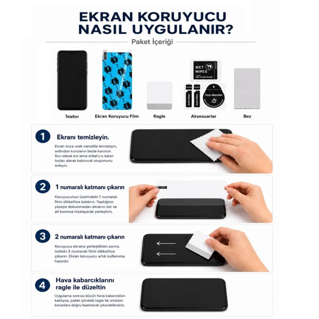 Dört resimli aşama ve açıklayıcı metinle telefon ekran koruyucusunun nasıl uygulanacağını gösteren kılavuz.