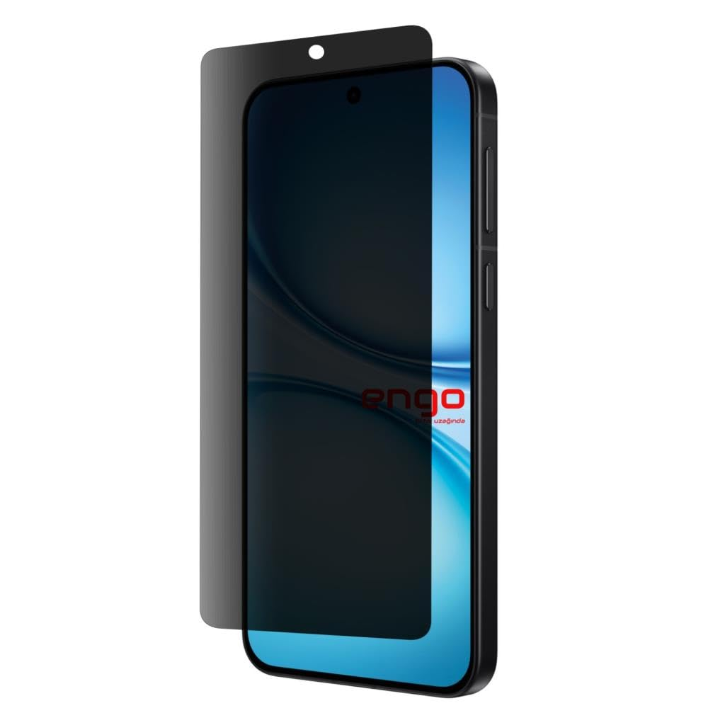 Hafifçe kaldırılmış siyah gizlilik ekran koruyuculu bir akıllı telefon, ekranı karartıyor.