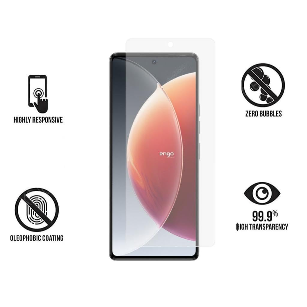 Hassasiyet, kabarcıksız, oleofobik kaplama ve şeffaflık simgeleriyle çevrili ekran koruyuculu akıllı telefon.