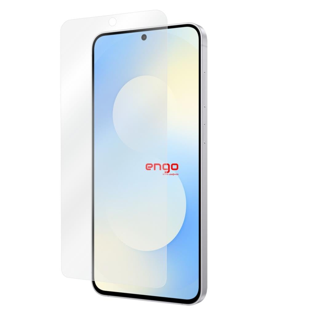 Renkli ekranlı ve hafifçe kalkan şeffaf cam ekran koruyuculu bir akıllı telefon.