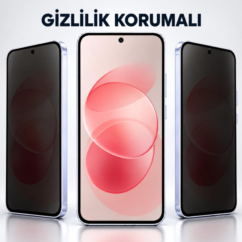 Beyaz arkaplanda üç akıllı telefon, ortadaki pembe ekran gösterir, yanlardakiler gizlilik için koyu görünür.