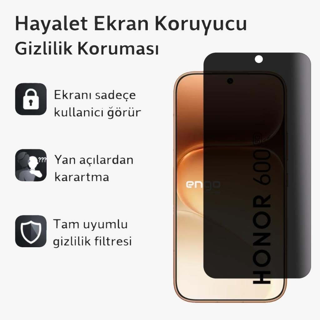 Gizlilik özelliklerini açıklayan Türkçe metin ve ikonlar içeren gizlilik ekran koruyuculu Honor telefon.