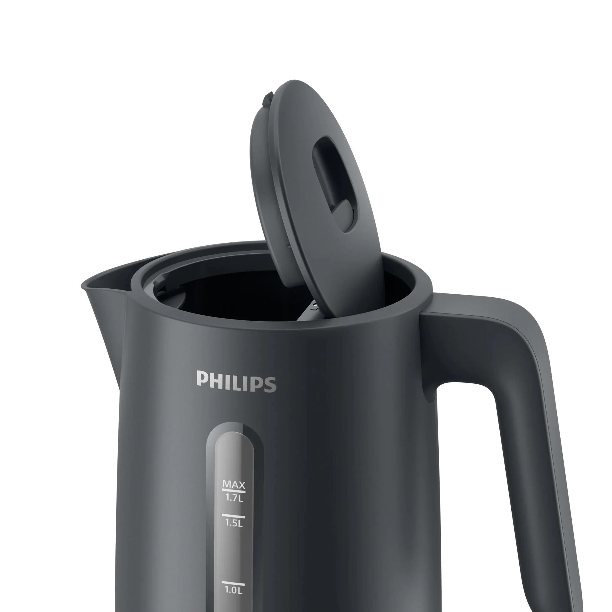 Un hervidor eléctrico Philips gris con la tapa abierta y un indicador de nivel de agua, sobre fondo blanco.