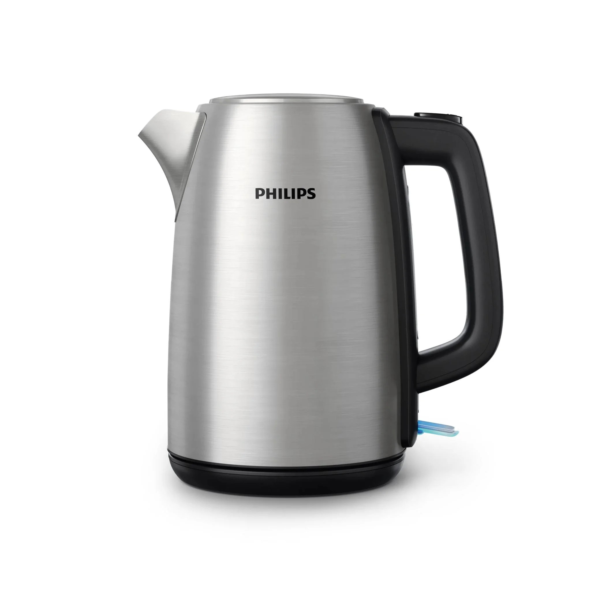 Ein silberner Philips Edelstahl-Wasserkocher mit schwarzem Griff auf weißem Grund.