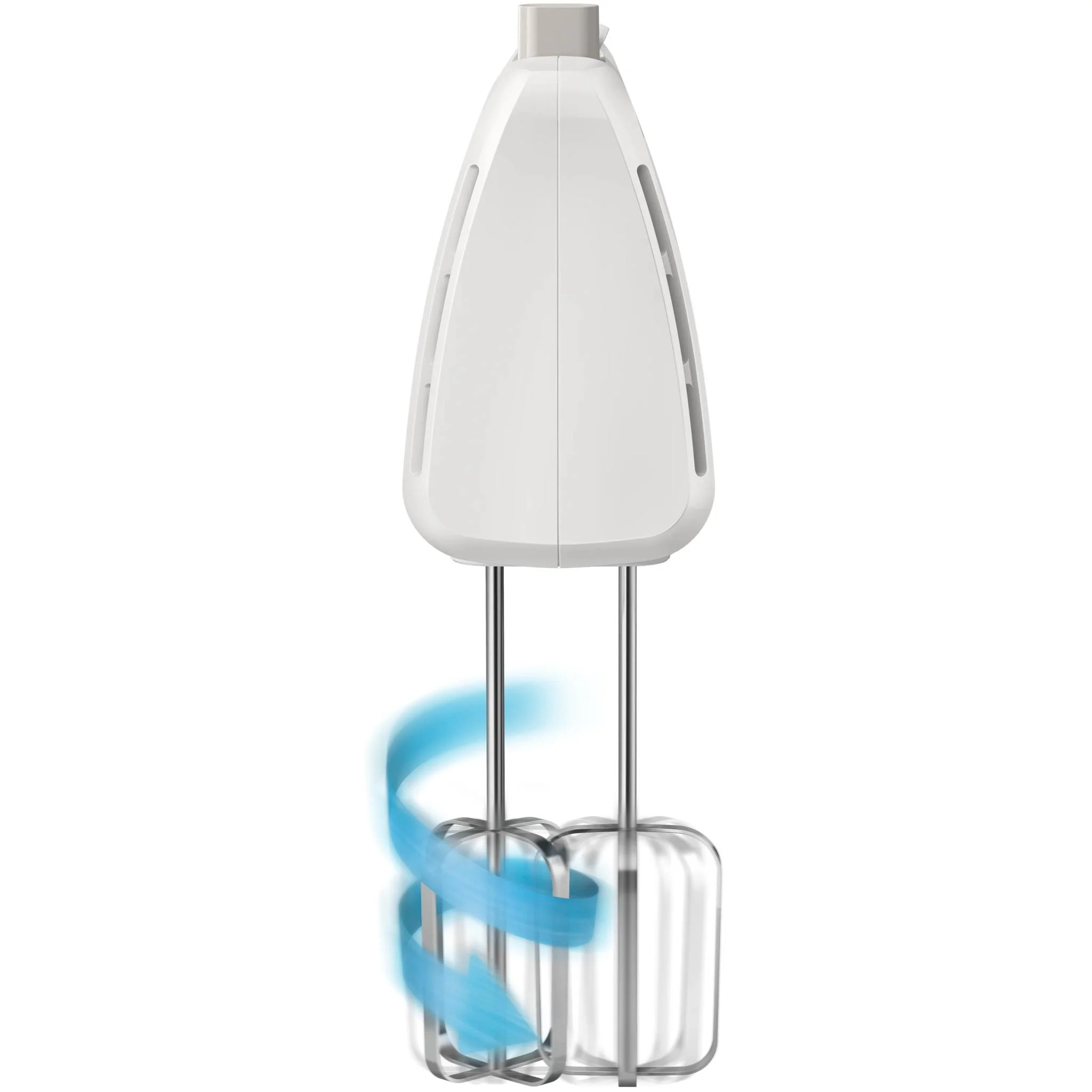 Un mixer a mano bianco con due fruste e linee di vortice blu che girano, su sfondo bianco.