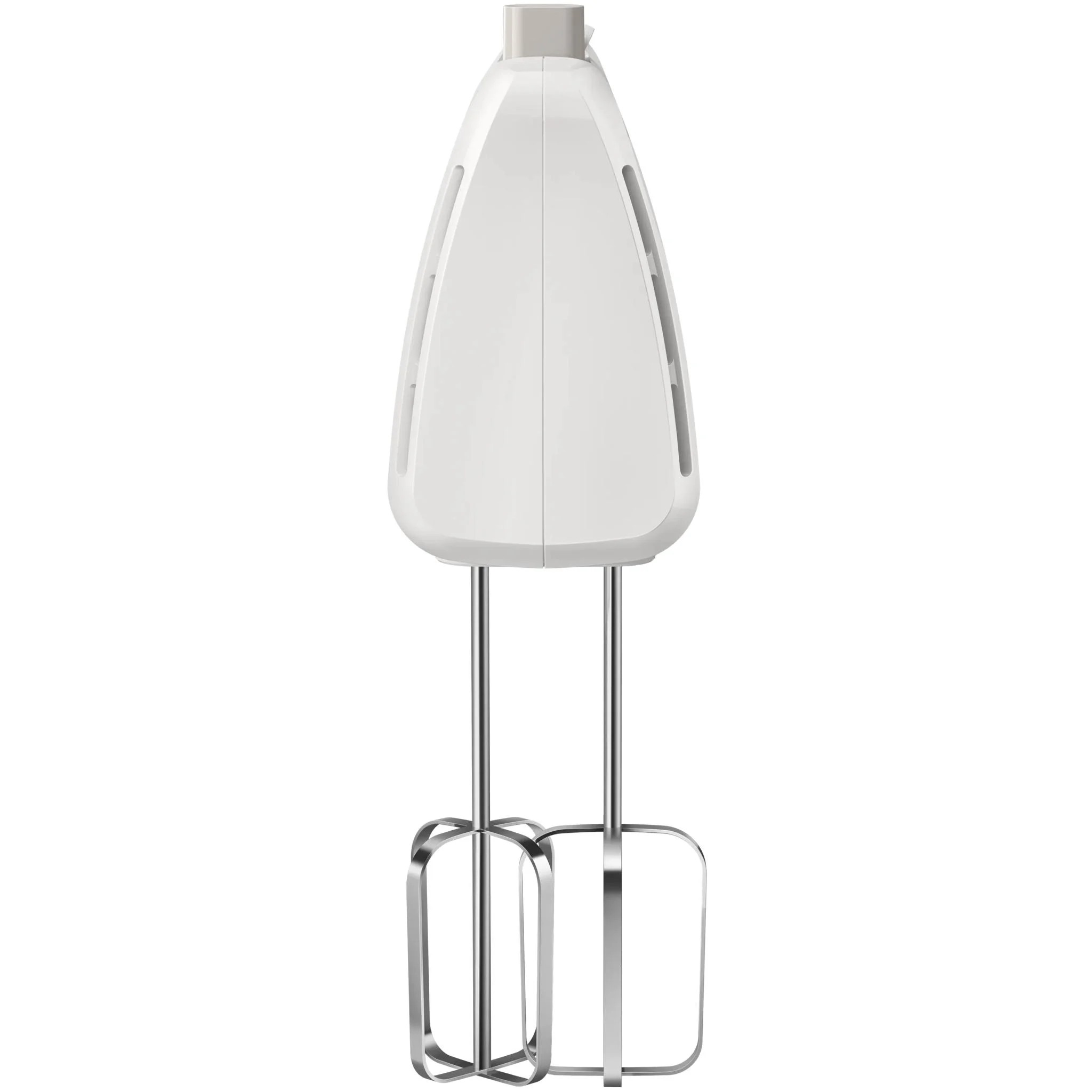 Un mixer a mano bianco con due fruste in metallo, isolato su sfondo bianco.