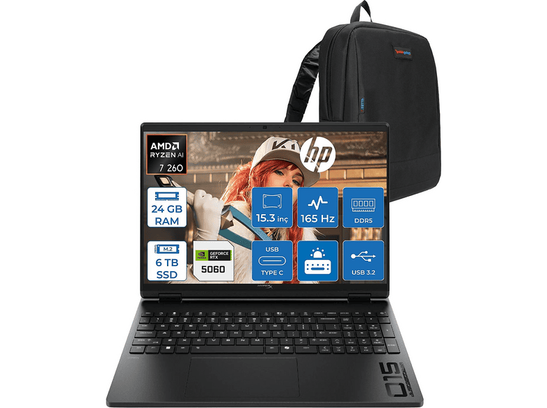 HP Hyperx Omen 15- GB0004NT DDR5 8 GB/RTX5060 HOD2QV9EAF11 AMD Ryzen 7 260 24 GB RAM 6 TB SSD 15,3 inç FreeDOS Laptop+Çanta Gölge Siyahı