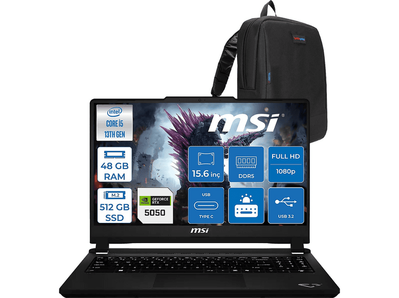 MSI Cyborg 15 Max DDR5 RTX5050 072TRF22 Intel Core i5-13420H 48 GB RAM 512 GB SSD 15,6 inç FreeDOS Laptop+Çanta Platinum Gri