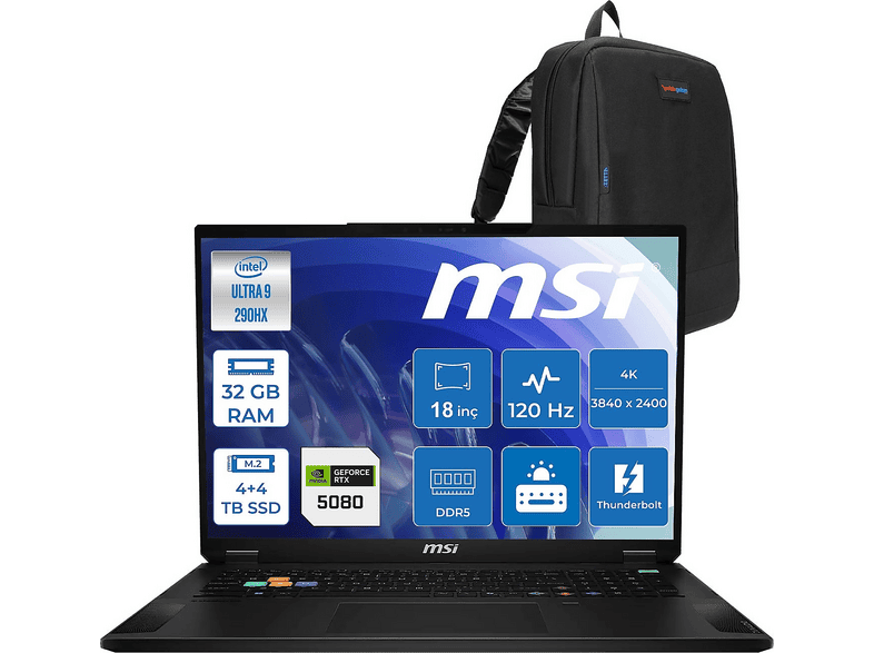 MSI Stealth 18 HX MSA2WI081TRF16 Intel Core Ultra 9 290HX 32 GB RAM 4 TB SSD 18 inç FreeDOS Laptop+Çanta Gece Siyahı