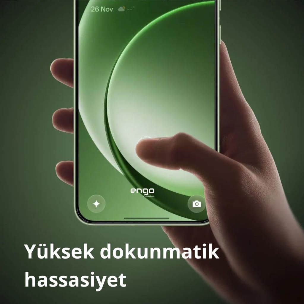 Bir el yeşil bir akıllı telefonu tutuyor, başparmak ekrana dokunuyor, altta yazı.