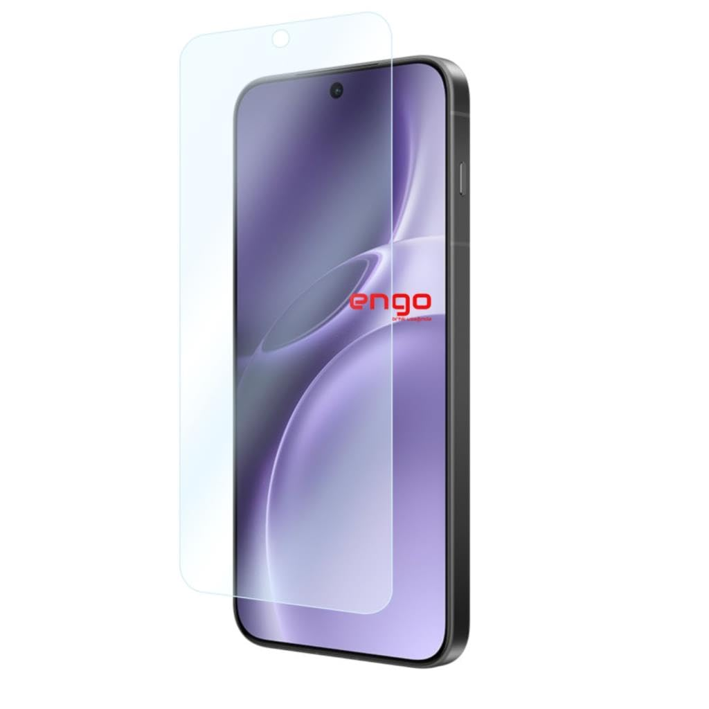 Önünde şeffaf bir ekran koruyucu bulunan ve kırmızı logo gösteren bir akıllı telefon.