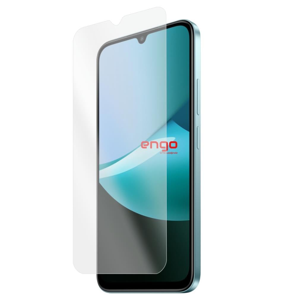 Mavi kenarlı ve üzerinde hafifçe kaldırılmış şeffaf bir ekran koruyucu cam bulunan akıllı telefon.