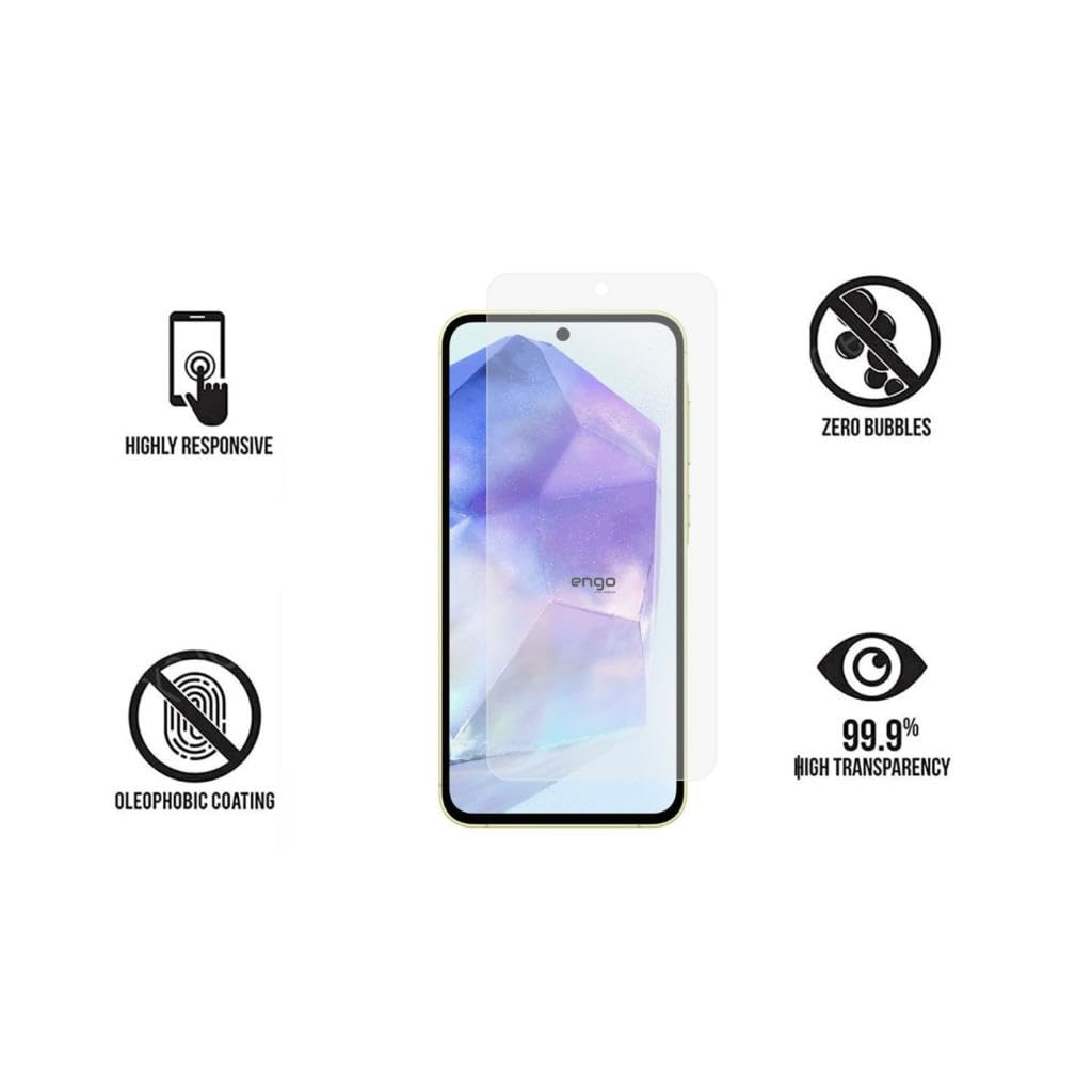 Ekran koruyuculu akıllı telefon ve duyarlılık, parmak izi direnci, kabarcıksız ve şeffaflık belirten ikonlar.
