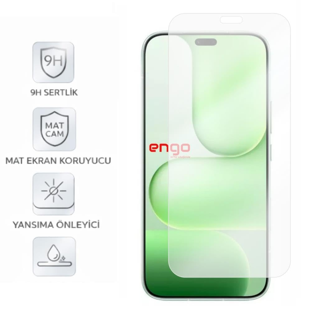 9H sertlik, mat cam ve yansıma önleyici simgeleri sol tarafta olan mat ekran koruyuculu akıllı telefon.