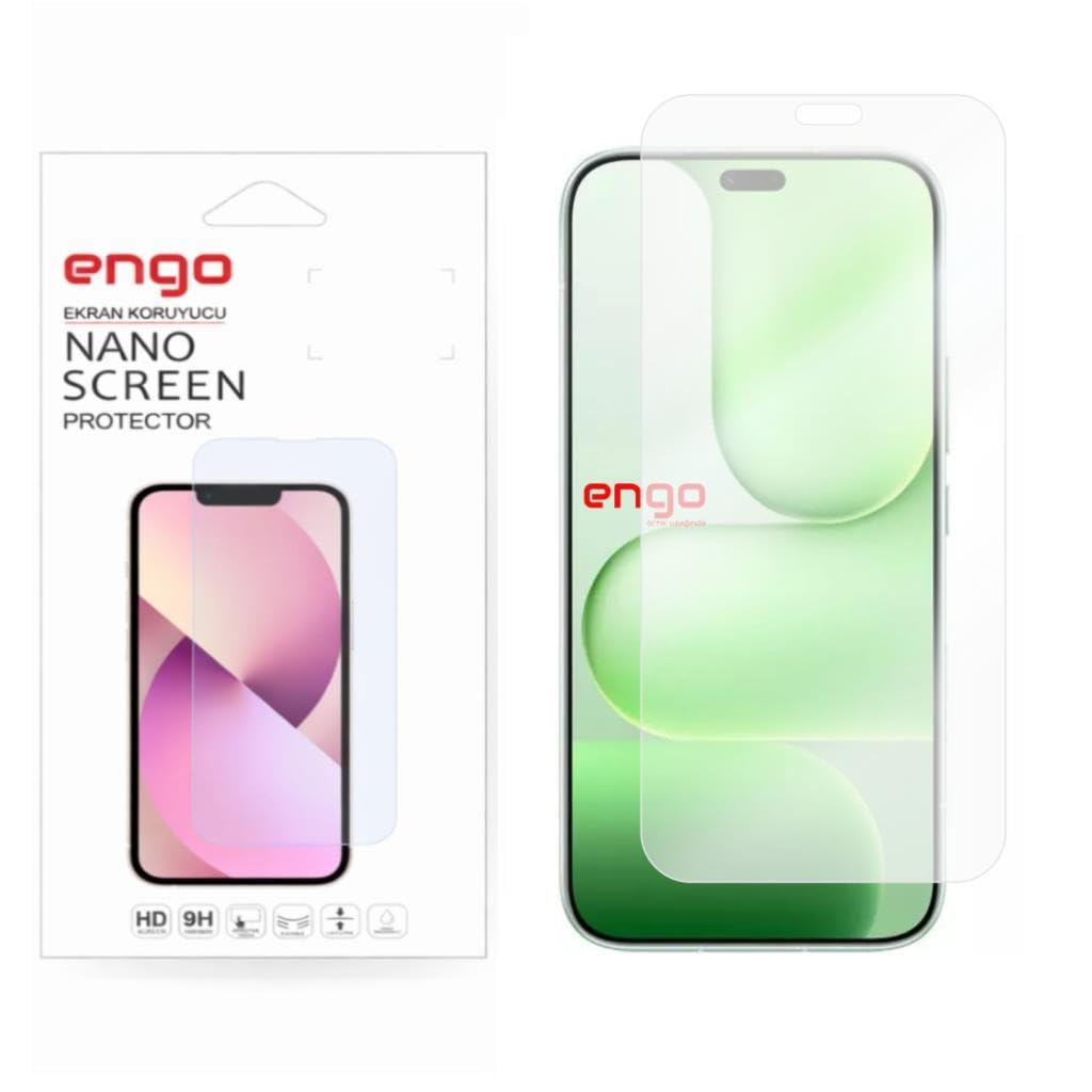 Koruyucu filmi uygulanmış akıllı telefonun yanında Engo Nano Ekran Koruyucu ambalajı.