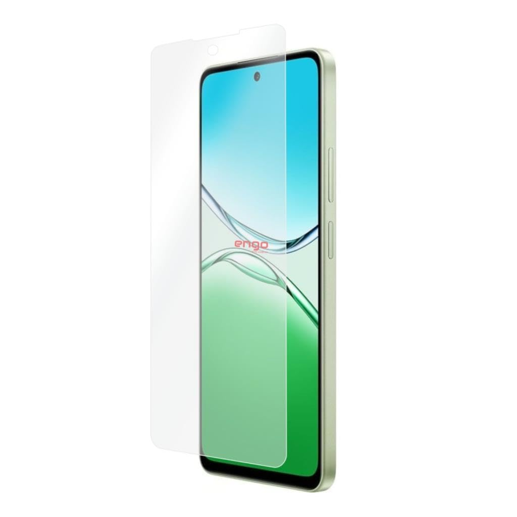 Üzerinde hafifçe süzülen şeffaf koruyucu film bulunan yeşil bir akıllı telefon.